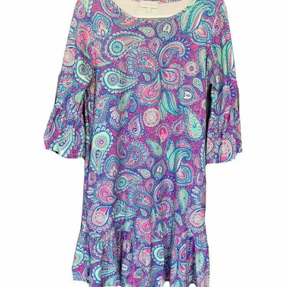SIMPLY SOUTHERN PAISLEY 3/4 SLEEVE RUFFLE DRESS SZ L